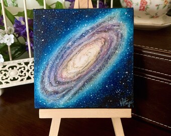 Galaxies and Nebulas in Space (1st in series) Spiral Galaxy Mini Painting 4"x4" miniature canvas art - Veronica Hage - hand painted original