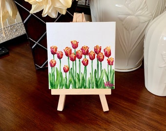 Red and Yellow Tulips Mini Painting 4" x 4" miniature canvas acrylic art by Veronica Hage - hand painted original