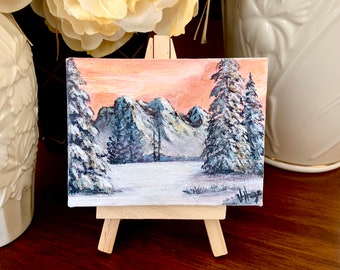 Bob Ross style “Mountain Rhapsody” Mini Painting 3” x 4" miniature canvas acrylic art by Veronica Hage - hand painted original