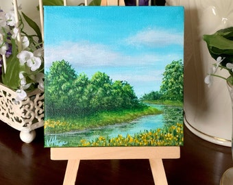 Country River and Flowers (3rd in series) Mini Painting 4" x 4" miniature canvas acrylic art by Veronica Hage - hand painted original