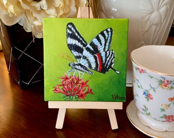 Zebra Swallowtail Butterfly (3rd in series) Mini Painting 4" x 4" miniature canvas acrylic art by Veronica Hage - hand painted original