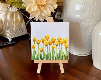 Yellow Tulips Mini Painting 4" x 4" miniature canvas acrylic art by Veronica Hage - hand painted original