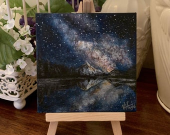 The Milky Way Galaxy, Reflected - Mini Painting 4" x 4" miniature canvas acrylic art by Veronica Hage - hand painted original