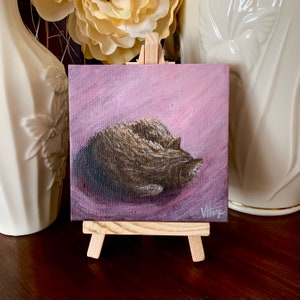 Sleeping Cat, Curled Up Pink (2nd in series) Mini Painting 4&quot; x 4&quot; miniature canvas acrylic art by Veronica Hage - hand painted original