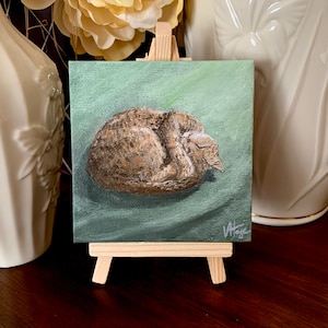 Sleeping Cat, Curled Up Green (1st in series) Mini Painting 4&quot; x 4&quot; miniature canvas acrylic art by Veronica Hage - hand painted original
