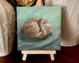 Sleeping Cat, Curled Up Green (1st in series) Mini Painting 4" x 4" miniature canvas acrylic art by Veronica Hage - hand painted original