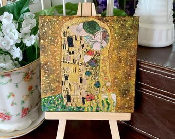 The Kiss Gustav Klimt 4" x 4" miniature canvas acrylic art by Veronica Hage - hand painted original mini masterpiece painting copy