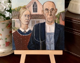 American Gothic Grant Wood 4" x 4" miniature canvas acrylic art by Veronica Hage hand painted original mini masterpiece painting copy