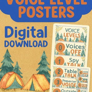 Camping Theme Voice Level Posters – Rustic Classroom Management Signs – Digital Download