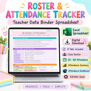 Può includere: Un foglio di calcolo digitale per il registro e il monitoraggio delle presenze visualizzato su uno schermo di un portatile. L'interfaccia include schede per impostazioni, elenchi studenti e presenze trimestrali. Formato Excel, download digitale e nove schede.