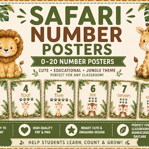 May include: A set of safari-themed educational number posters featuring illustrations of a lion and a giraffe. The posters display numbers 0-20 with animal graphics, paw prints, and text including Safari Number Posters, 0-20 Number Posters, and 3-8.
