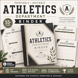 May include: A printable and editable Athletics Department Binder kit featuring a central binder cover, school information sheet, coach contact directory, and athletic calendar. The design uses black, white, and gold accents with athletic icons and text.