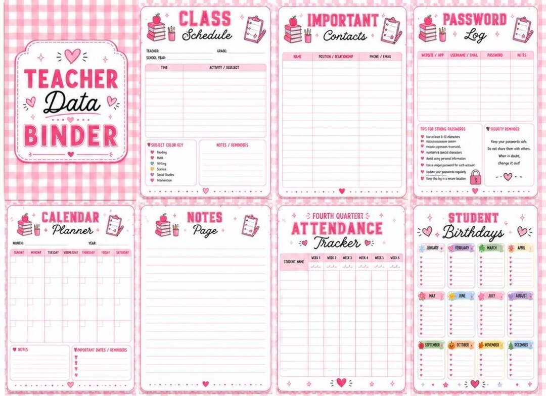 Teacher Data Binder | Pink Checkered Printable Planner (digital ...