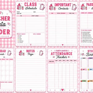 Puede incluir: Un conjunto de carpetas de datos para docentes con estampado de cuadros vichy rosa y blanco que incluye ocho páginas imprimibles: horario de clases, contactos, registro de contraseñas, calendario, notas, asistencia y cumpleaños.
