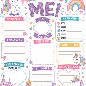Puede incluir: Una colorida hoja para rellenar "All About Me" con ilustraciones de unicornios y arco&iacute;ris. La hoja incluye secciones para detalles personales, favoritos y aspiraciones futuras, con texto como "My Name Is" y "I Can't Wait for a Great Year!"
