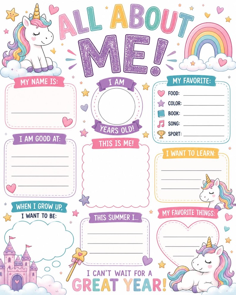 Puede incluir: Una colorida hoja para rellenar "All About Me" con ilustraciones de unicornios y arco&iacute;ris. La hoja incluye secciones para detalles personales, favoritos y aspiraciones futuras, con texto como "My Name Is" y "I Can't Wait for a Great Year!"