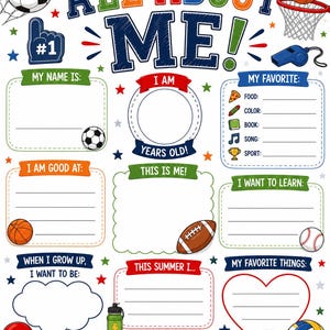 Puede incluir: Un colorido p&oacute;ster de "All About Me" con espacios para completar detalles personales. Incluye secciones para el nombre, favoritos y aspiraciones futuras, con equipamiento deportivo y el texto "I can't wait for a great year!"