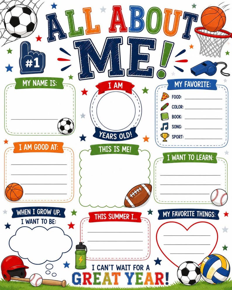 Puede incluir: Un colorido p&oacute;ster de "All About Me" con espacios para completar detalles personales. Incluye secciones para el nombre, favoritos y aspiraciones futuras, con equipamiento deportivo y el texto "I can't wait for a great year!"