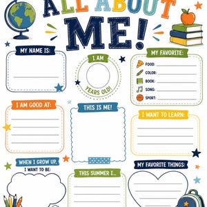 Puede incluir: Una colorida hoja de trabajo 'Todo sobre m&iacute;' con espacio para escribir sobre favoritos, metas y m&aacute;s. Incluye un globo terr&aacute;queo, libros, una manzana, una mochila y l&aacute;pices. El texto incluye 'Mi nombre es', 'Yo soy', 'Mi favorito' y 'Este verano...'.