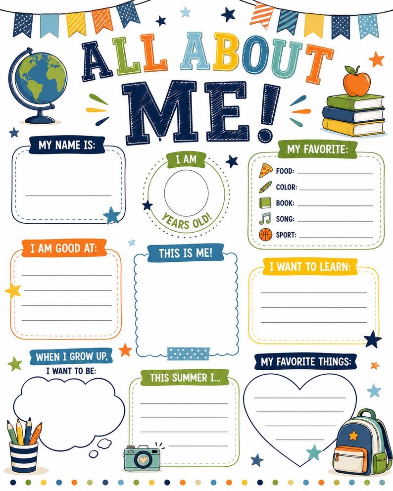 Puede incluir: Una colorida hoja de trabajo 'Todo sobre m&iacute;' con espacio para escribir sobre favoritos, metas y m&aacute;s. Incluye un globo terr&aacute;queo, libros, una manzana, una mochila y l&aacute;pices. El texto incluye 'Mi nombre es', 'Yo soy', 'Mi favorito' y 'Este verano...'.