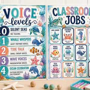 Könnte beinhalten: Zwei Lehrplakate mit einem Ozean-Thema. Ein Plakat zeigt "Voice Levels" mit Illustrationen von Meereskreaturen. Das andere Plakat zeigt "Classroom Jobs" mit verschiedenen Berufsbezeichnungen und entsprechenden Meereskreaturen-Grafiken.