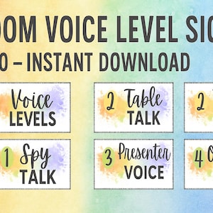Rainbow Voice Levels Classroom Decor – Printable Voice Level Charts – Bright Classroom Management – Colorful Wall Art