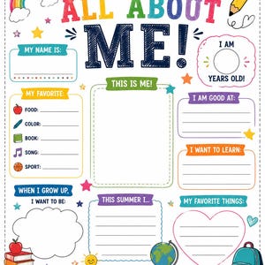 Puede incluir: Un colorido p&oacute;ster de "Todo sobre m&iacute;" con espacios para completar informaci&oacute;n personal. Presenta un arco&iacute;ris, un l&aacute;piz, una manzana, libros, un globo terr&aacute;queo y una mochila. Incluye indicaciones para favoritos, metas y planes de verano.