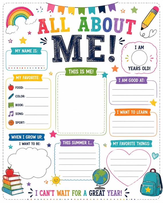 All About Me Poster | Back to School, Ocean Unicorn Sports Boho Themes (Instant Download)