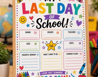 Letrero del último día de clases / Crayones de colores para imprimir / Accesorio para fotos de fin de año (descarga digital)