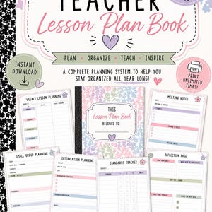 Pode incluir: Um livro de plano de aula para professores em formato PDF imprimível de 14 páginas com padrões florais pastel. A capa exibe o texto Teacher Lesson Plan Book, Plan, Organize, Teach, Inspire e vários modelos para planejamento de aulas.