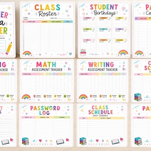 May include: A teacher data binder set featuring colorful, printed organizational pages including a class roster, student birthdays, parent contact log, assessment trackers for reading, math, and writing, class schedules, password logs, and important contacts.