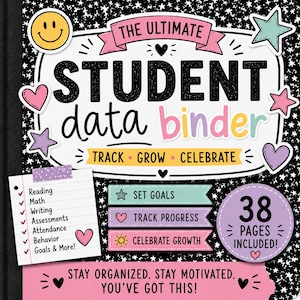 Könnte beinhalten: Ein schwarz-weißes Ordner-Cover für Schülerdaten mit Sternenmuster und dem Text THE ULTIMATE STUDENT data binder, TRACK GROW CELEBRATE, SET GOALS, TRACK PROGRESS, CELEBRATE GROWTH, 38 PAGES INCLUDED, sowie STAY ORGANIZED. STAY MOTIVATED. YOU'VE GOT THIS!