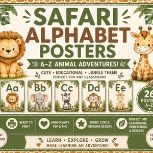 Safari Alphabet Posters | Jungle Classroom Decor | ABC Wall Cards | Preschool Alphabet Printables
