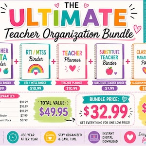 May include: A digital bundle titled The Ultimate Teacher Organization Bundle featuring five colorful binders and planners including Teacher Data, RTI/MTSS, Teacher Planner, Substitute Teacher, and Classroom Management Pack with hearts and icons.