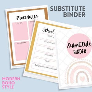 May include: A stack of three substitute teacher binders with a modern boho style. The binders feature pink and gold accents, with text that reads "Procedures," "School," and "Substitute Binder." The design includes a rainbow and heart.