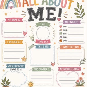 Puede incluir: Un colorido p&oacute;ster de "All About Me" con un dise&ntilde;o de arco&iacute;ris y corazones. Cuenta con cuadros de texto para informaci&oacute;n personal y las frases "All About Me!" y "I can't wait for a great year!" en una fuente l&uacute;dica. Incluye espacio para escribir.