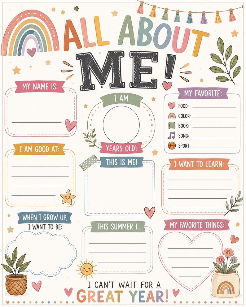 Puede incluir: Un colorido p&oacute;ster de "All About Me" con un dise&ntilde;o de arco&iacute;ris y corazones. Cuenta con cuadros de texto para informaci&oacute;n personal y las frases "All About Me!" y "I can't wait for a great year!" en una fuente l&uacute;dica. Incluye espacio para escribir.