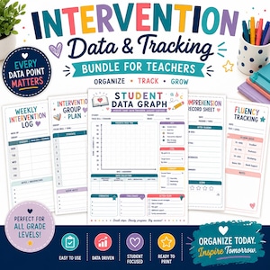 May include: An Intervention Data & Tracking bundle for teachers featuring various printable forms including a student data graph, weekly intervention log, group plan, comprehension record sheet, and fluency tracking sheet with colorful text and icons.