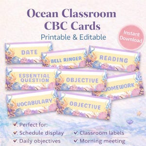 May include: A collection of printable and editable classroom cards with an ocean theme. Each card features a light yellow background with text such as "Date," "Reading," and "Homework." The cards are decorated with seashells and coral.