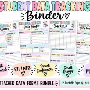 May include: A student data tracking binder set featuring twelve printable pages with pastel-colored headers and sections. The forms include class data overview, individual student data sheet, student growth tracker, and parent conference data summary.
