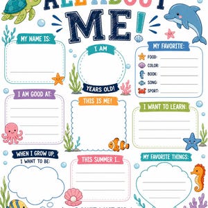 Puede incluir: Un colorido p&oacute;ster "All About Me" con tem&aacute;tica oce&aacute;nica. Incluye espacios para detalles personales, favoritos y metas. Presenta criaturas marinas de dibujos animados como una tortuga, un delf&iacute;n y un pulpo. El texto "I can't wait for a great year!" est&aacute; en la parte inferior.