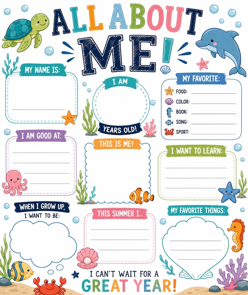 Puede incluir: Un colorido p&oacute;ster "All About Me" con tem&aacute;tica oce&aacute;nica. Incluye espacios para detalles personales, favoritos y metas. Presenta criaturas marinas de dibujos animados como una tortuga, un delf&iacute;n y un pulpo. El texto "I can't wait for a great year!" est&aacute; en la parte inferior.
