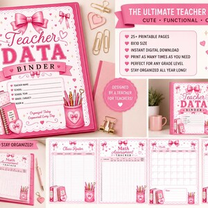 Gegevensmap voor leraar coquette | Pink Bow-planner, assessmenttracker (digitale download)