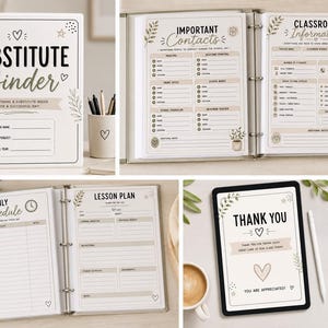 Peut inclure: Un classeur de remplacement comprenant une couverture avec le texte Substitute Binder, ainsi que des pages pour les contacts importants, les informations de classe, l'emploi du temps, les plans de cours et une page de remerciement.