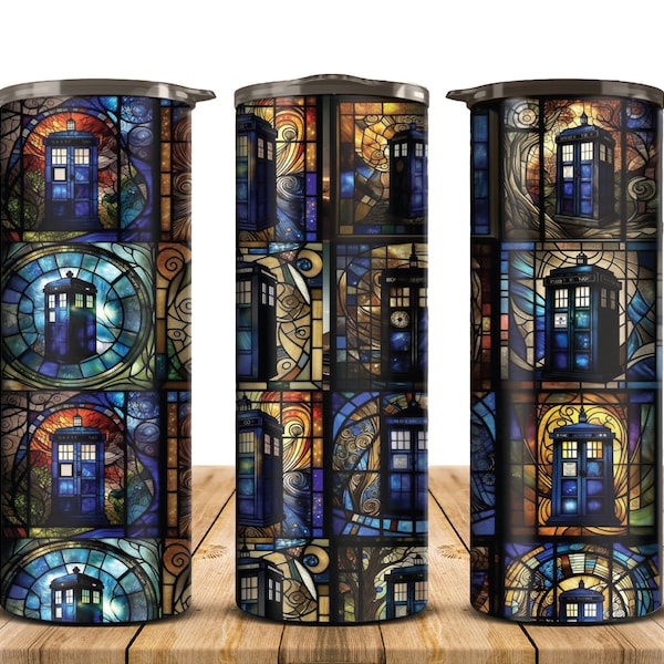 Stain Glass Tardis Tumbler, Tumbler with lid and Straw,