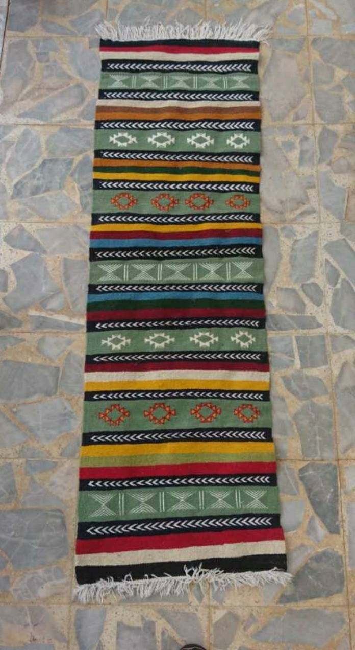 Tapis Multicolore Noir Jaune Vert Chemin de Kilim, Tapis Fait à La Main, Laines, Tissé Grand 190 cm 