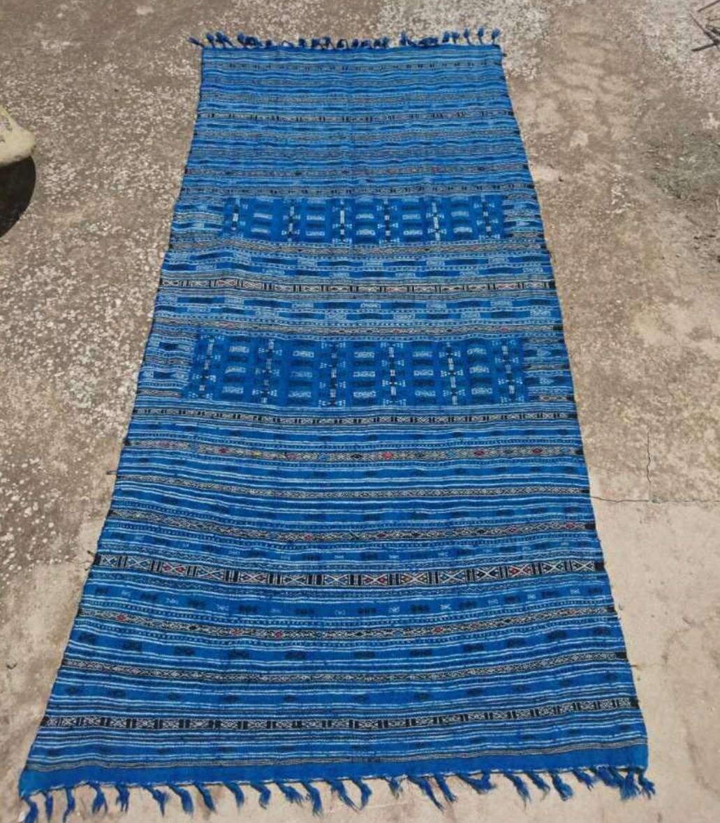 Tapis de Grande Taille Bleu Tapis Kilim, Fait à La Main, Laines, Tissé Grand Kilim Style Vintage 248