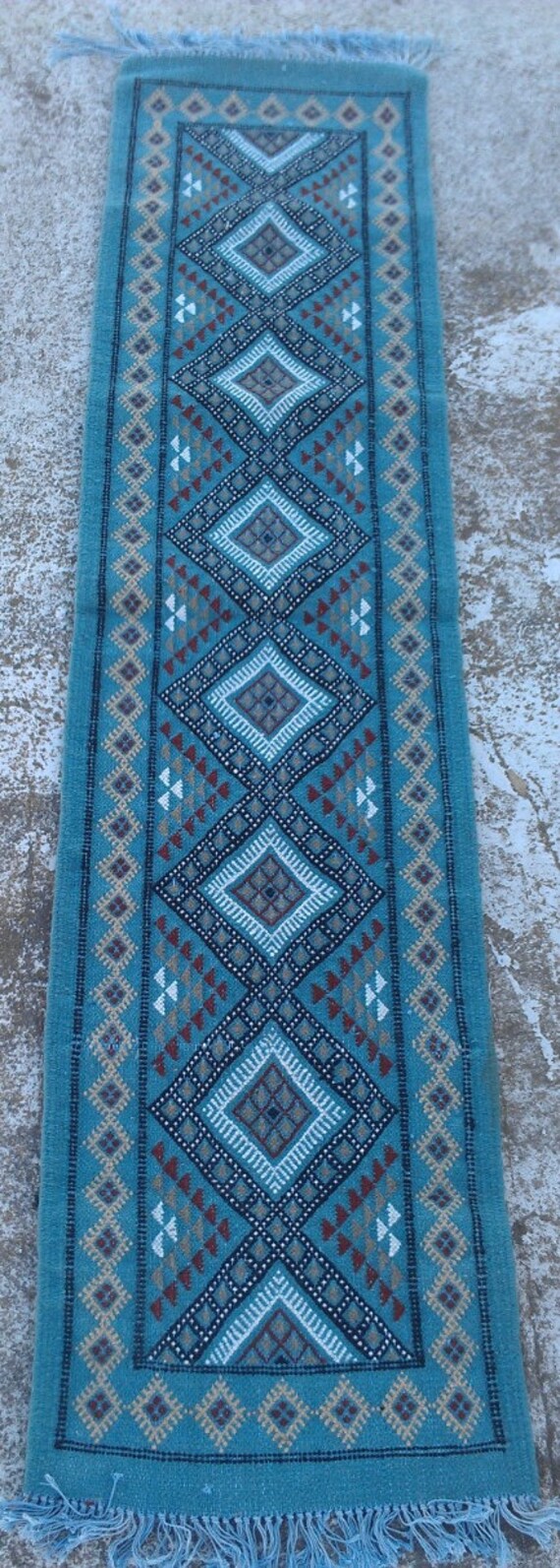 Chemin Kilim Bleu Rouge Blanc Noir, Tapis, Tapis Kilim, Fait à La Main, Laines, Tissé Grand 208 cm 5