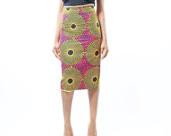 Handmade Ankara Full Circle Gold & Pink Midi Pencil Skirt