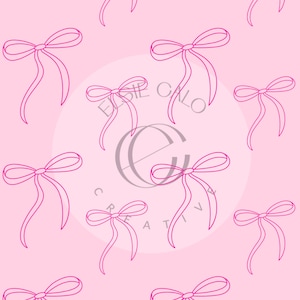 May include: A pink background with a repeating pattern of pink bows. The bows are drawn in a simple line style.